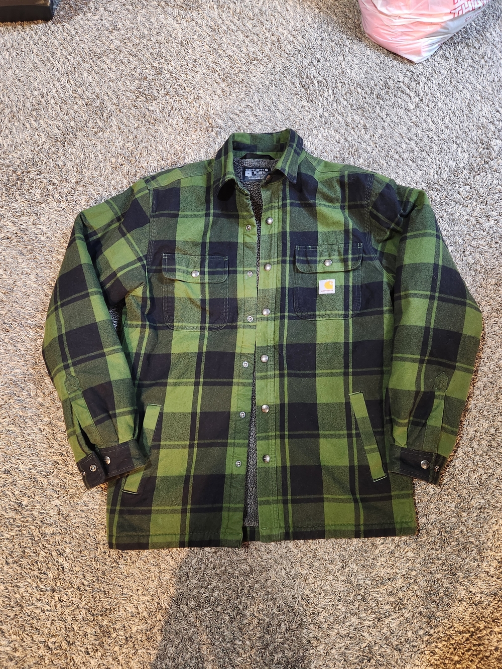 Carhartt Sherpa Lined Green and Black Plaid Work Jacket Size Medium